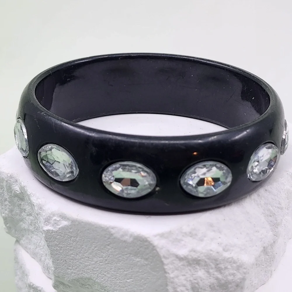 Black Plastic Bangle Bracelet Clear Oval Rhinestones Chunky Statement Y2K Retro